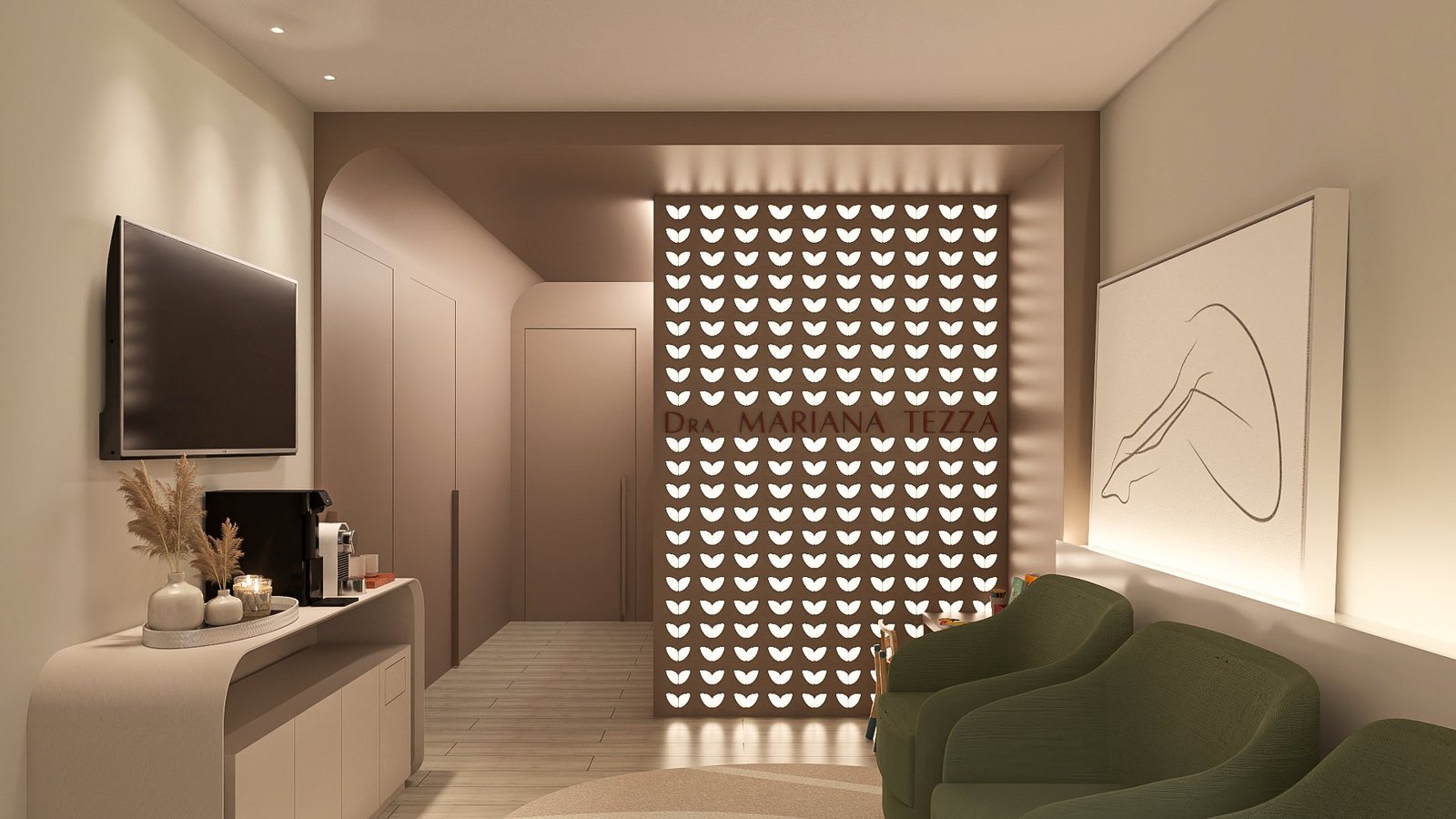Projeto da sala de espera do novo consultório: painel iluminado com o nome da Dra. Mariana Tezza, poltronas verdes e canto do café