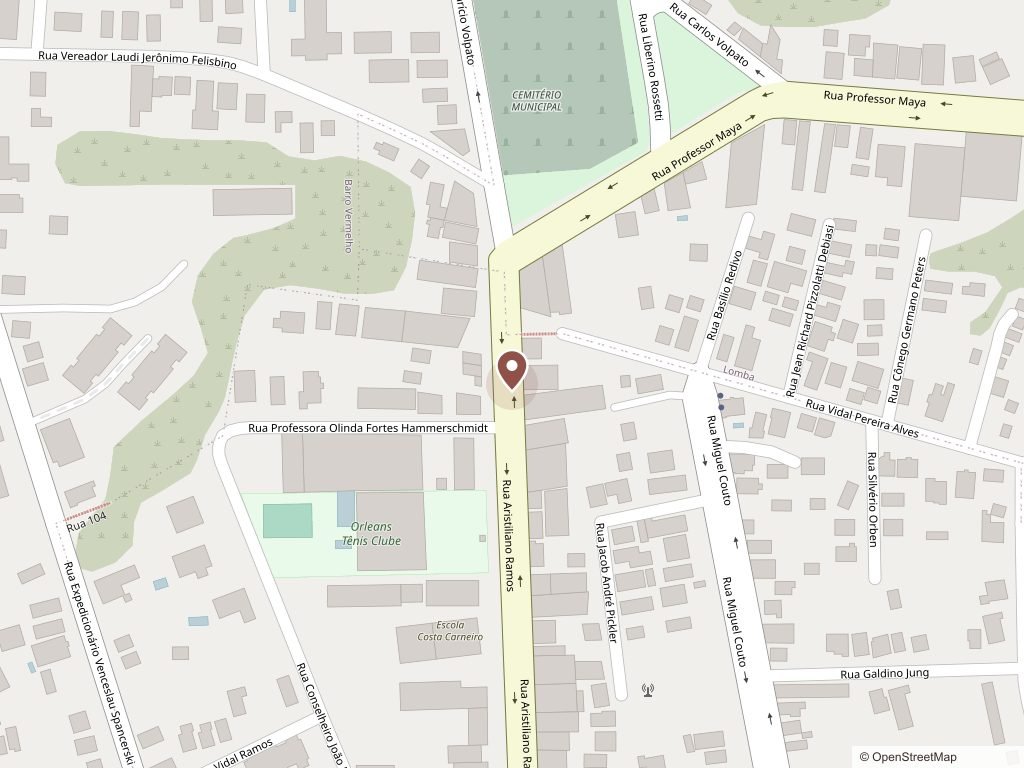 Mapa do centro de Orleans/SC com o consultório marcado na Rua Aristiliano Ramos.